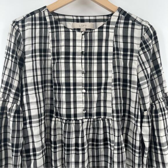 LOFT ANN TAYLOR Top Peplum Plaid Blouson Henley B&W Business Casual Size Small - Picture 5 of 11